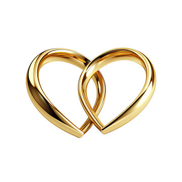 Gold heart shaped rings attached to each other on transparent background