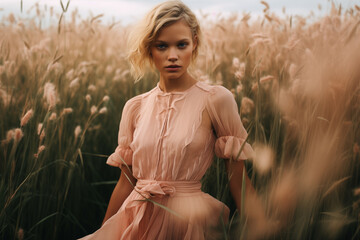 Obraz premium A beautiful female model posing in a peach colored dress in a field of tall ears of wheat