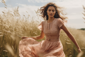 A beautiful female model posing in a peach colored dress in a field of tall ears of wheat