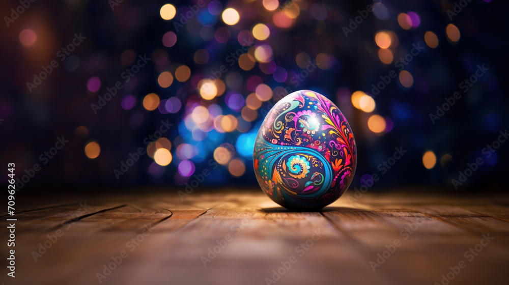 Poster a highly detailed and colorfully patterned easter egg stands alone against a sparkling, bokeh light 