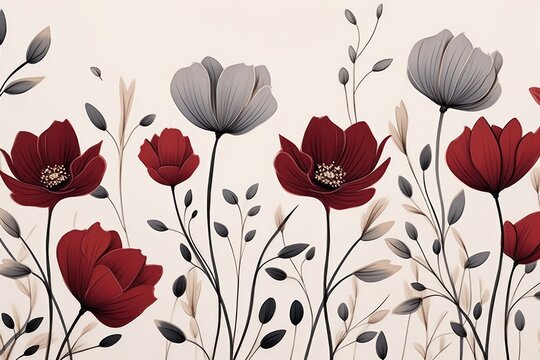  a painting of red and gray flowers on a white background with a black and white stripe on the bottom of the picture.