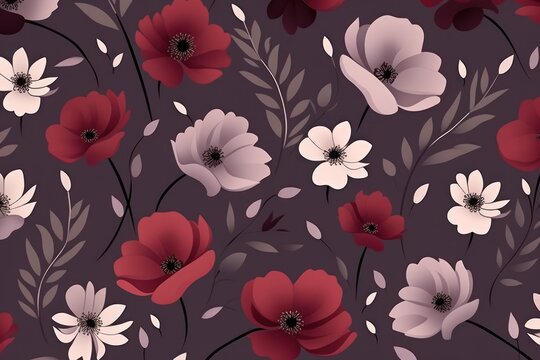  a floral pattern with red, white and pink flowers on a dark purple background with leaves and flowers on a dark purple background.