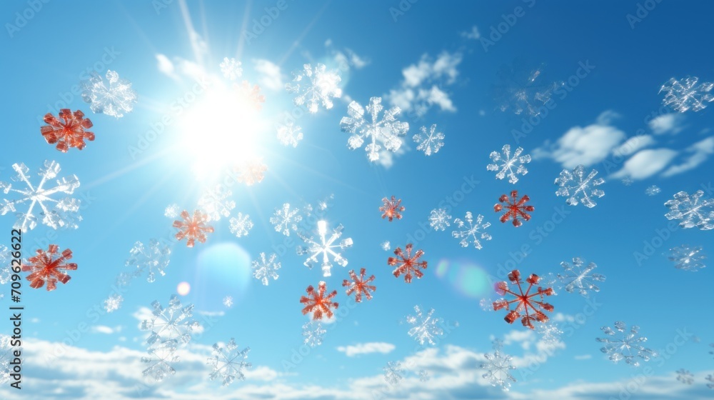 Poster a group of snowflakes floating in the air with the sun shining through the clouds in the middle of t