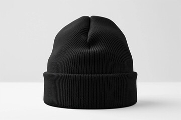 A blank black beanie hat is showcased against a pristine white background for design mockup purposes. - Powered by Adobe