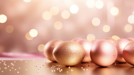 Obraz na płótnie Canvas Luxurious golden Easter eggs with sparkling details on a reflective surface with warm bokeh lights.