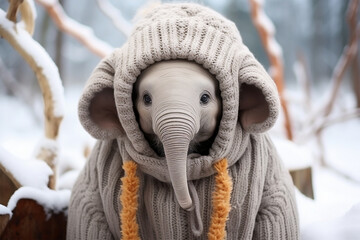 an elephant wearing thick clothes in the snow