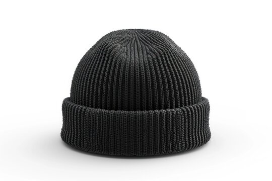 A blank black beanie hat is showcased against a pristine white background for design mockup purposes.
