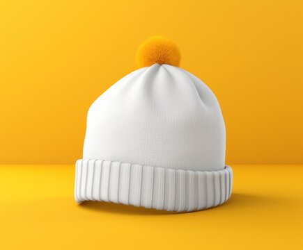 A blank white beanie hat is showcased against a pristine yellow background for design mockup purposes.