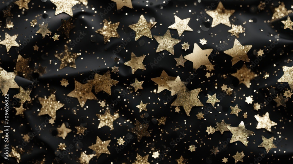 Poster a black background with gold stars of different shapes and sizes, all on one side of the screen and 