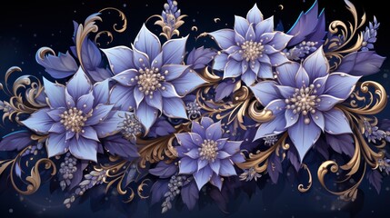  a painting of a bunch of flowers on a blue background with gold swirls and flowers on the side of the frame.