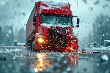 A truck car is involved in a severe collision, with debris flying and doors ajar, against the backdrop of a city street.