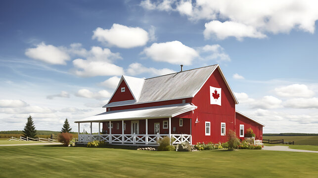 Imagine a Canadian farm setting with a festive barn dance, capturing the rural charm of celebrating Canada Day 2024 in a unique way