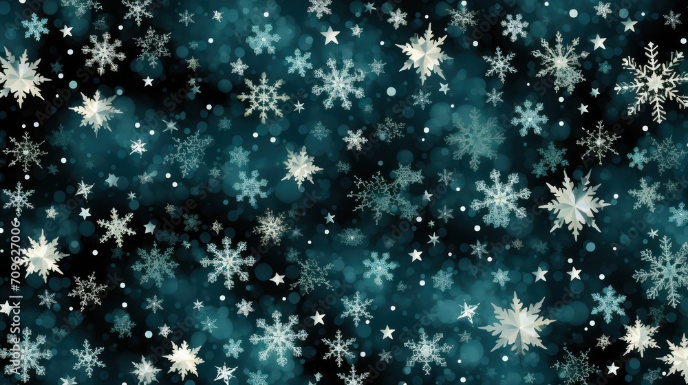 Poster a pattern of snowflakes on a black background with white snow flakes on the bottom of the image.