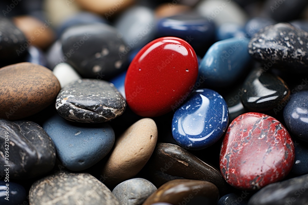 Poster a close up of a bunch of rocks with a red button in the middle of one of the rocks on top of the roc