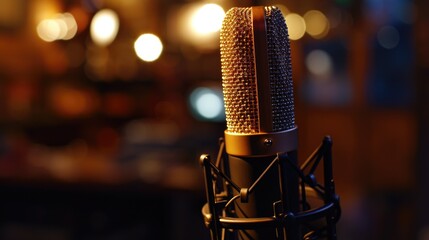 A professional microphone in a recording studio, perfect for capturing high-quality audio. Ideal for music production, podcasting, voiceovers, and sound engineering projects - obrazy, fototapety, plakaty