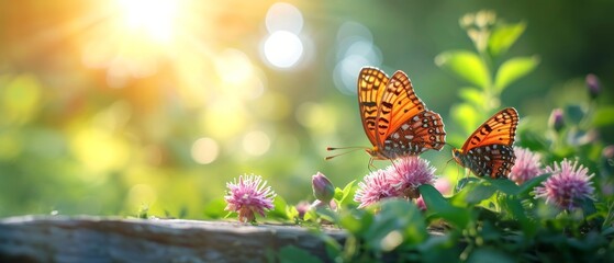 Fototapeta na wymiar Morning light Beautiful butterflies gracefully float on The blooming onion flowers are beautiful, amidst lush green nature, under a bright sunlit sky