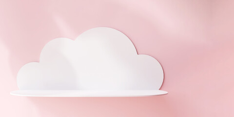 Empty cute, sweet white cloud book shelf in sunlight on pink wall for kids, beauty, fashion, skincare, cosmetic product display background 3D