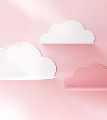 Three empty cute, sweet white cloud book shelf in sunlight on pink wall for kids, beauty, fashion, skincare, cosmetic product display background 3D