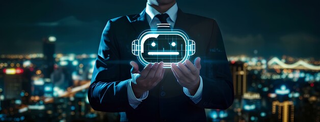 business executive holding up digital chatbot icon with a city nightscape in the background.  provide access to data and assistant conversation to big data of business on online network. generative AI