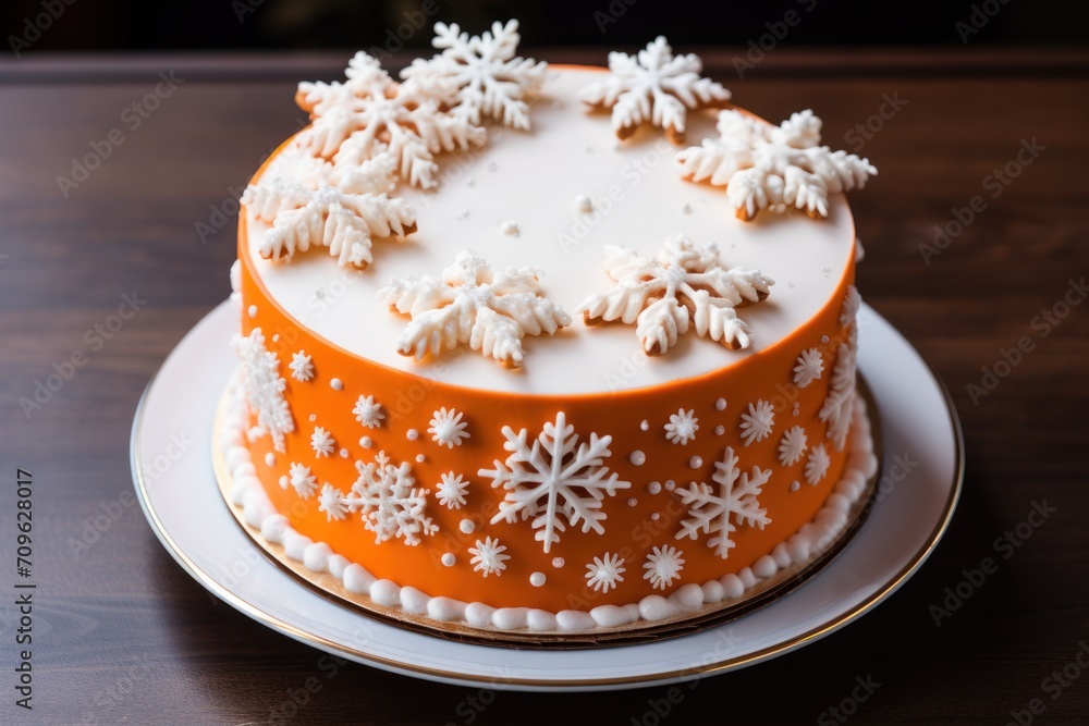 Poster a close up of a cake on a plate with snowflakes on the top of the cake and frosting on the bottom of