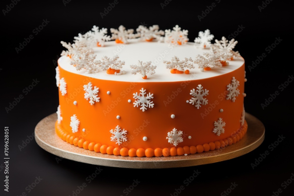 Poster a close up of a frosted cake with snowflakes on the frosting on the top of it.