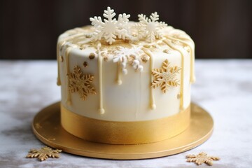 Obraz na płótnie Canvas a white frosted cake with snowflakes on top of it on a gold platter on a table.