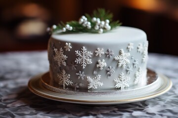 Obraz na płótnie Canvas a white frosted cake with snowflakes on top of it on a gold and white plate on a table.