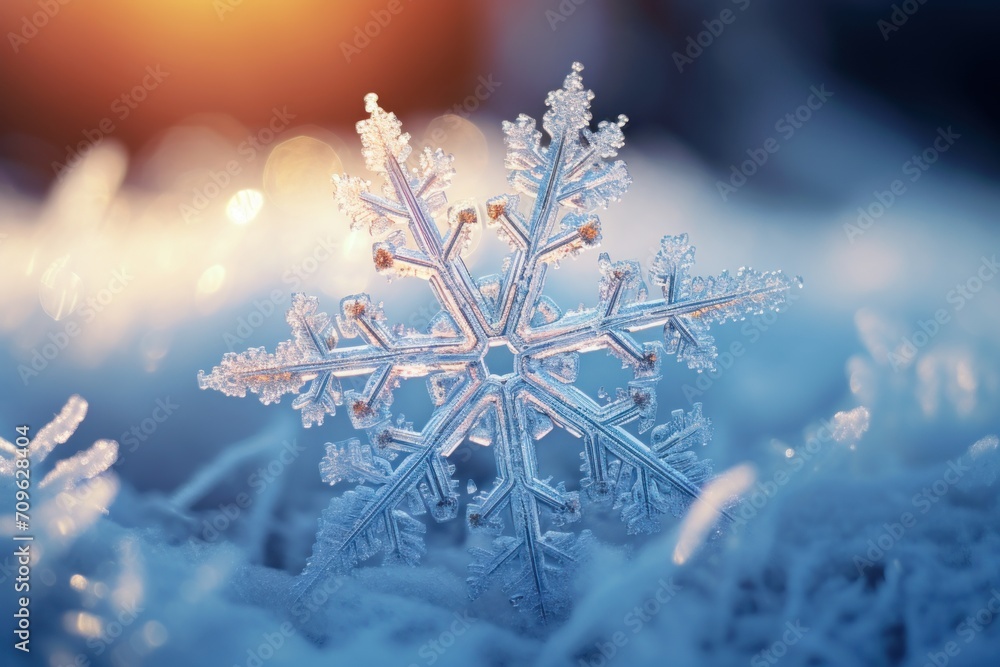 Poster a snowflake that looks like a snowflake is shown in the foreground of a blurry background.