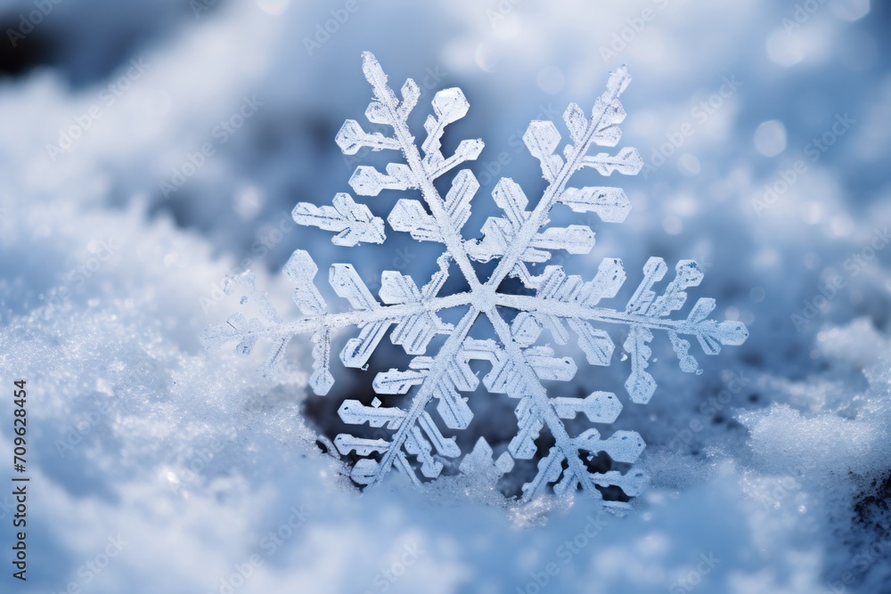 Aufkleber a close up of a snowflake with snow flakes in the foreground and snow flakes in the background.