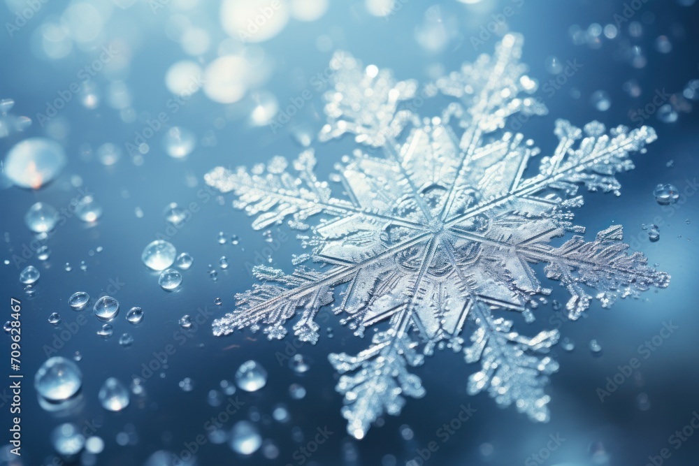 Poster a close up of a snowflake with drops of water on the bottom and bottom of the snowflake.