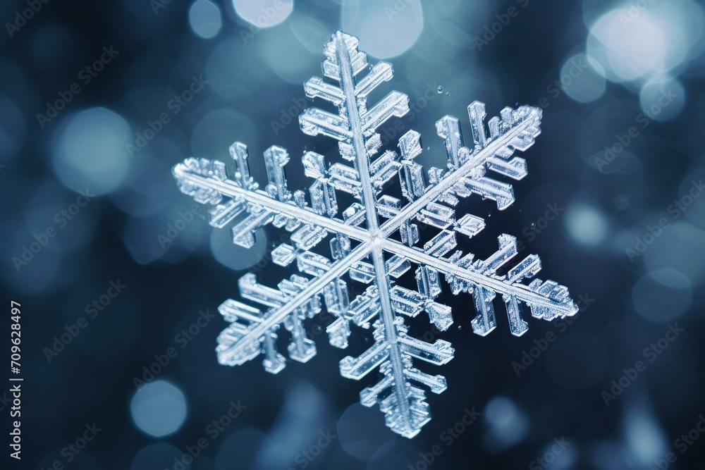 Poster a close up of a snowflake or snowflake on a dark blue background with blurry lights.