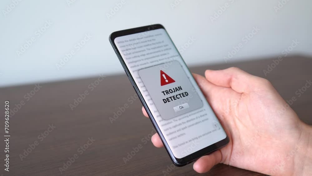 Poster trojan alert notification appearing on the phone while in use. antivirus concept in action.
