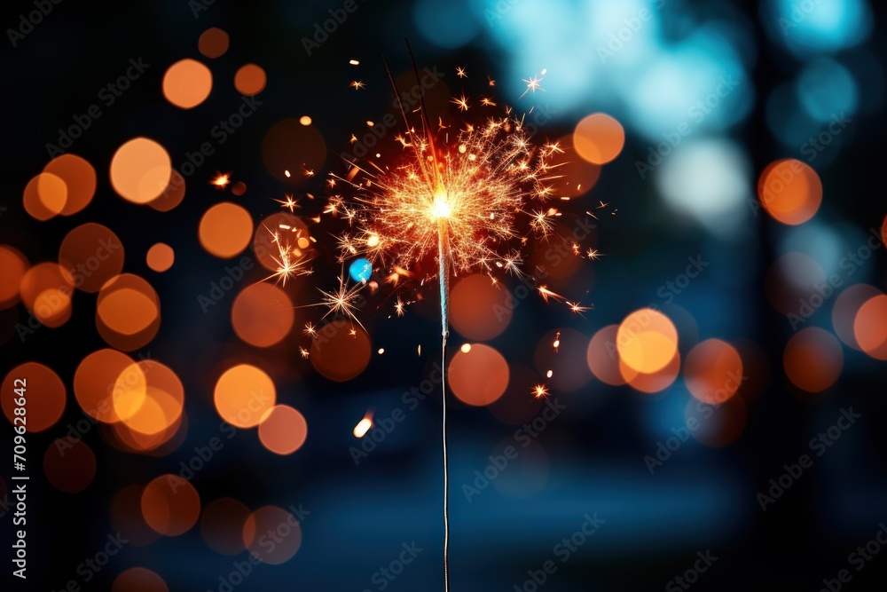 Poster a close up of a sparkler on a stick with blurry lights in the background and a blurry background.
