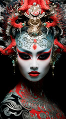 Person in traditional dress and makeup for Bali dance with traditional costumes, in the style of contemporary Chinese art, Kabuki theater, Eastern Zhou dynasty. Asian culture. Chinese, Japanese
