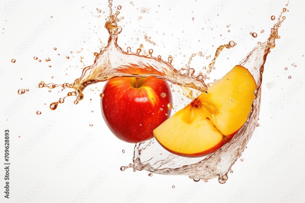 Poster an apple is splashing into the water with a slice of apple in the middle of the image, with a splash