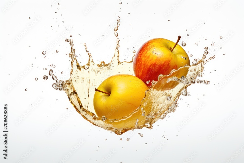 Poster  two apples in a splash of water on a white background with a splash of water on the bottom of the image.