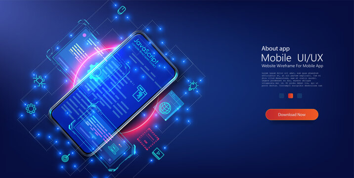 Programming, testing cross platform code on smartphone, Web design. Software mobile app download landing or software development coding process concept. Vector illustration