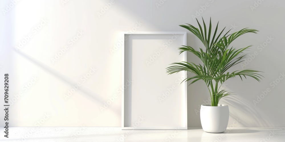 Aufkleber A potted plant placed in front of a blank picture frame. This versatile image can be used to showcase artwork, add a touch of greenery to any space, or as a symbol of growth and creativity
