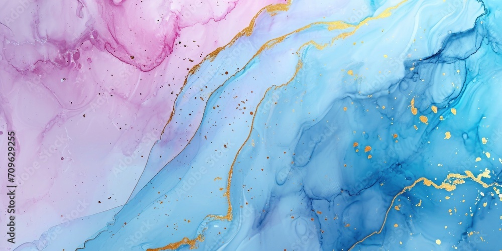 Poster A close-up view of a painting featuring shades of blue and pink. This image can be used to add a pop of color to any design