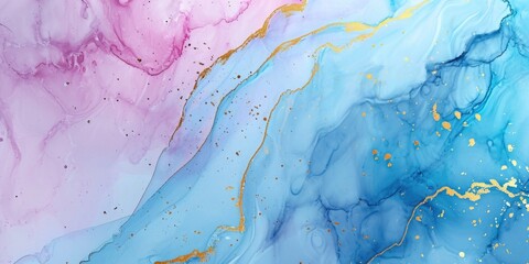 A close-up view of a painting featuring shades of blue and pink. This image can be used to add a...