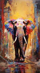 Fototapeta na wymiar a painting of an elephant standing in front of a painting of paint dripping down the side of it's face.