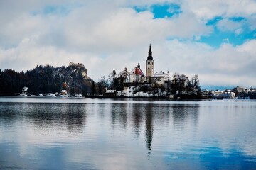 lake bled , view on island with a castle and church