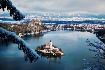 lake bled from the top, view on island with a church