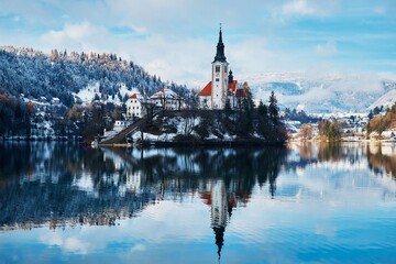 lake bled , view on island with a church