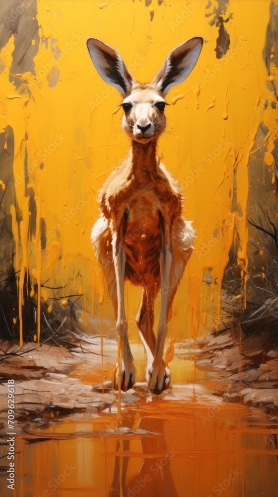 Poster a painting of a kangaroo standing in front of a yellow background with a reflection of it's face in 