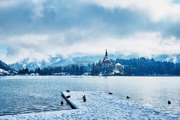 lake bled view on island with a church