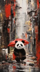  a painting of a panda bear holding a red umbrella in the rain in a city with buildings in the background.