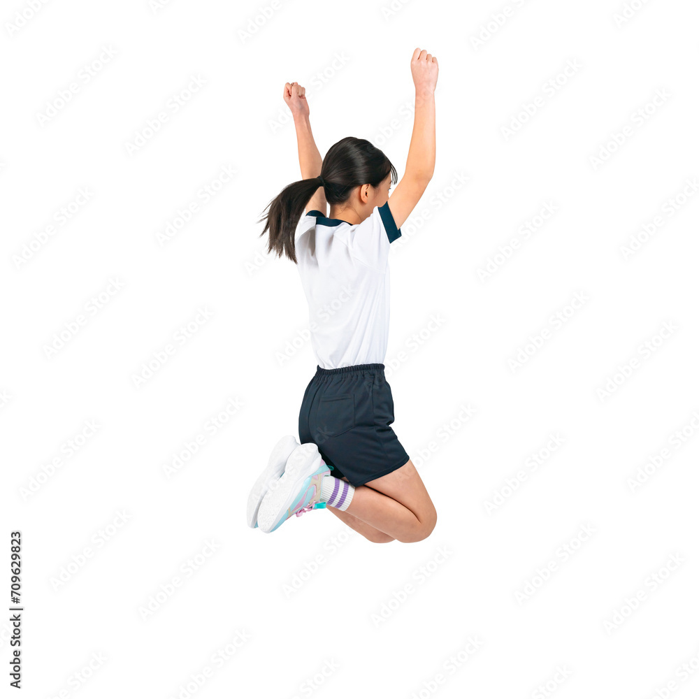 Poster ジャンプする体操服を着た女の子の後ろ姿　手作業で精密に切り抜いた背景透過写真png