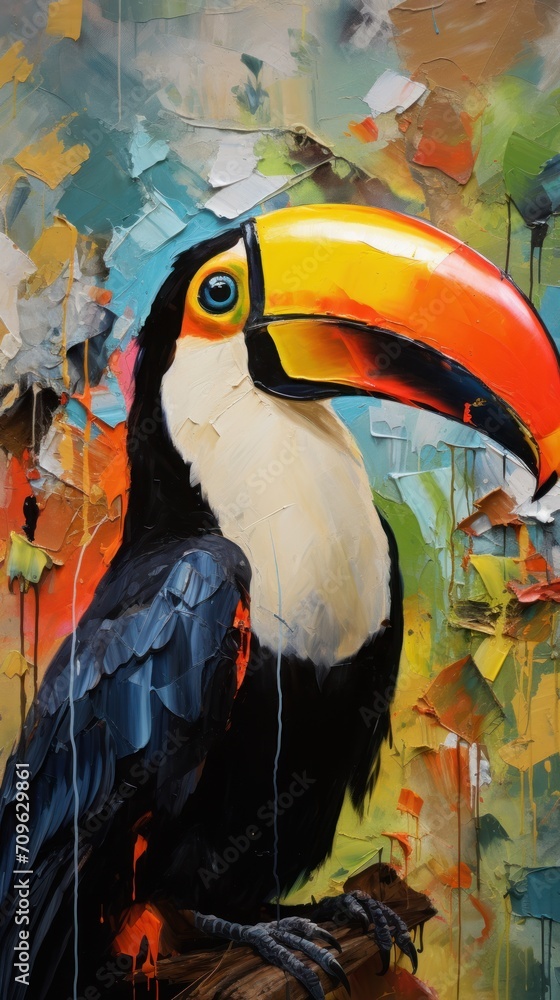 Poster a painting of a toucan sitting on top of a tree branch with paint splatters all over it.