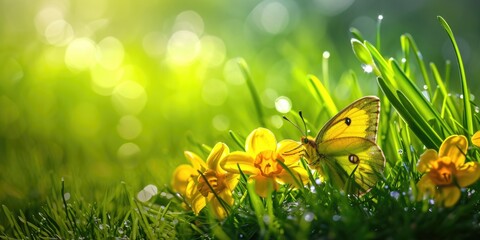 A vibrant yellow butterfly perched on top of a lush green field. Perfect for nature enthusiasts and those seeking a touch of beauty in their designs - Powered by Adobe